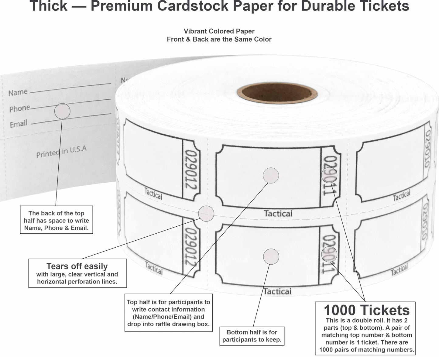 Tacticai 1000 Raffle Tickets, Blank, White (8 Color Selection), Double Roll for Events, Entry, Class Reward, Fundraiser & Prizes