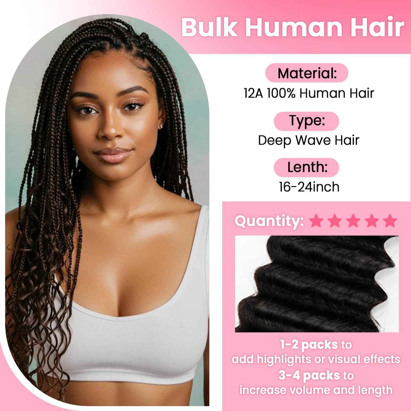 WOWANGEL Human Braiding Hair For Boho Braids 100g,100% Unprocessed Brazilian Virgin Hair, 12A Deep Wave Knotless Bohemian Bundles, Curly Hair Extensions,2 Bundles,Natural Black(1B),16 Inch