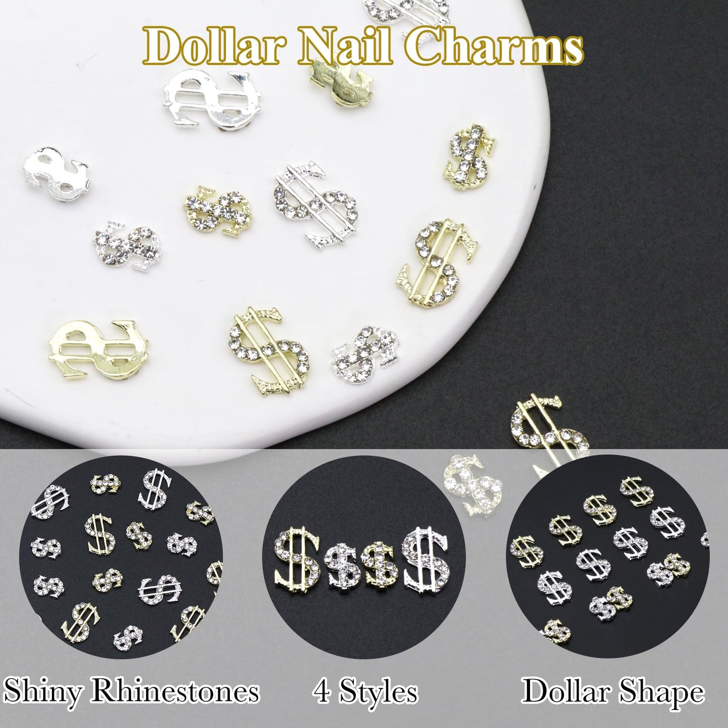 YAEISM 16PCS Money Dollar Nail Charms 4 Styles Gold and Silver Money Nail Charms 3D Alloy Money Sign Nail Charms with Crystals Shiny Rhinestones for Nail Art and DIY Crafts Jewelry Decoration