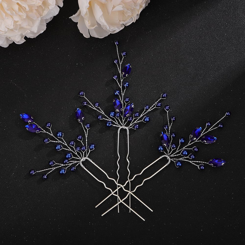 Teyglen 3pcs Crystal Pearl Bridal Hair Pins Blue Pearl Bride Wedding Hair Pins Set for Bride Wedding Hair Accessories Handmade Red Black Blue Pearl Hair Pieces for Women Bridesmaid Girls (Blue)