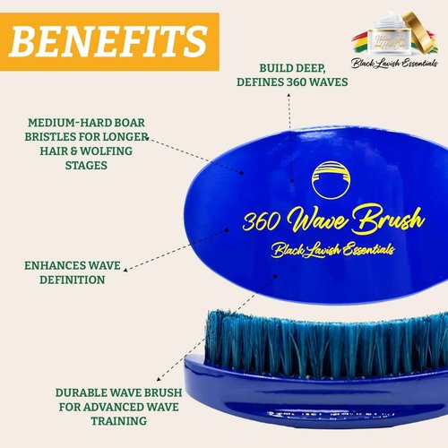 Black Lavish Essentials Men’s Hair Brush, Build Deeper, Hard Boar Bristle Curved, Perfect for Styling Hair, Ultimate Wave Grooming Tool, 360 Wave Brush (Blue, Medium-Hard Bristle)