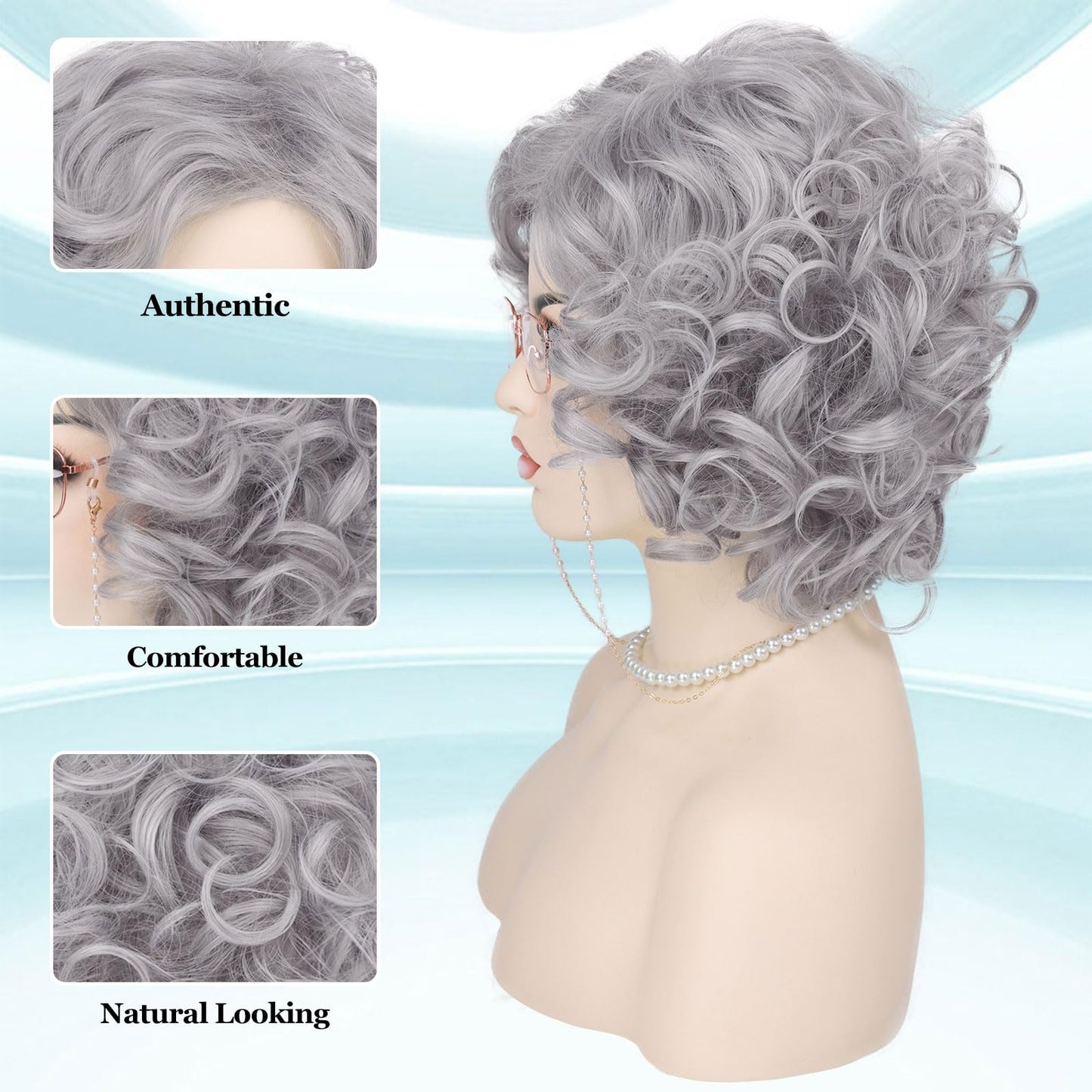 G&T Wig Old Lady Wig for Grandma Costume 100 Days of School Sliver Grey Curly Granny Wig For Old Women’s Cosplay Party Halloween Use (5pcs Set)