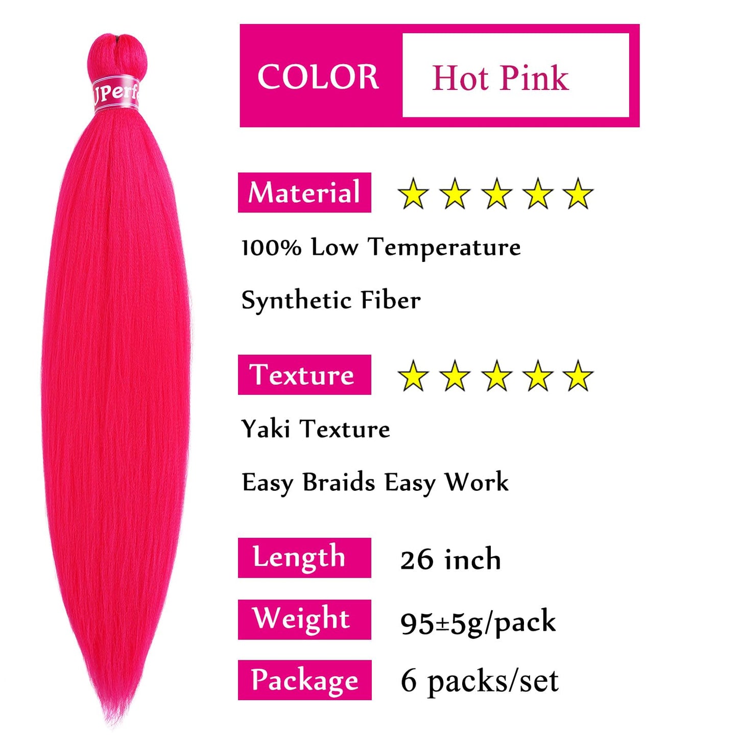 UPerfe Pink Braiding Hair Extensions for Braids Kanekalon Hot Pink Braiding Hair Pre Stretched Prestretched Braiding Hair Kids Knotless Jumbo Colored Braiding Hair 26 inch 6 Bundles