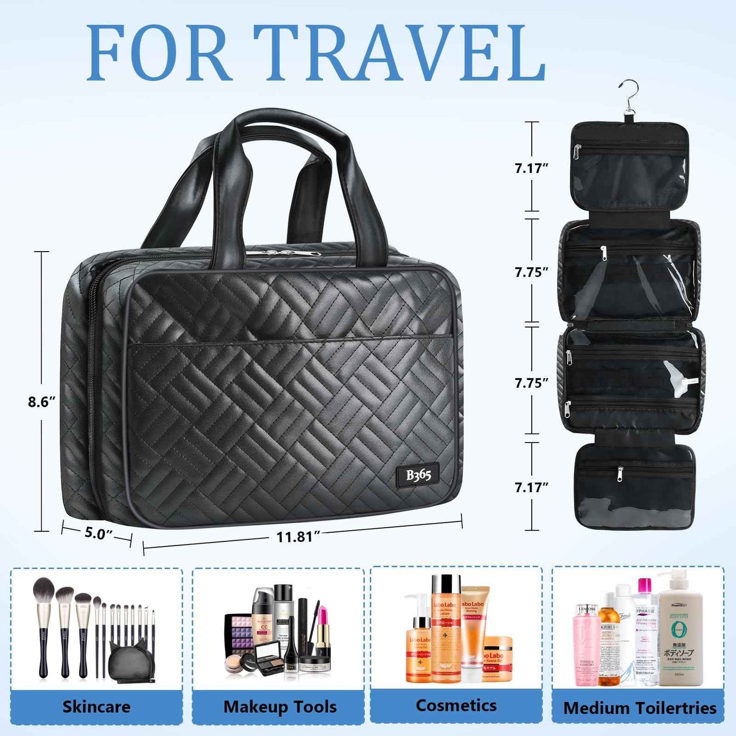 Travel Toiletry Bag,Hanging Toiletry Bags for Traveling Women, Water-resistant Makeup Travel Bags - Toiletry Bag for Travel Size Essentials Accessories Cosmetics -Perfect Gifts for Women (Black)