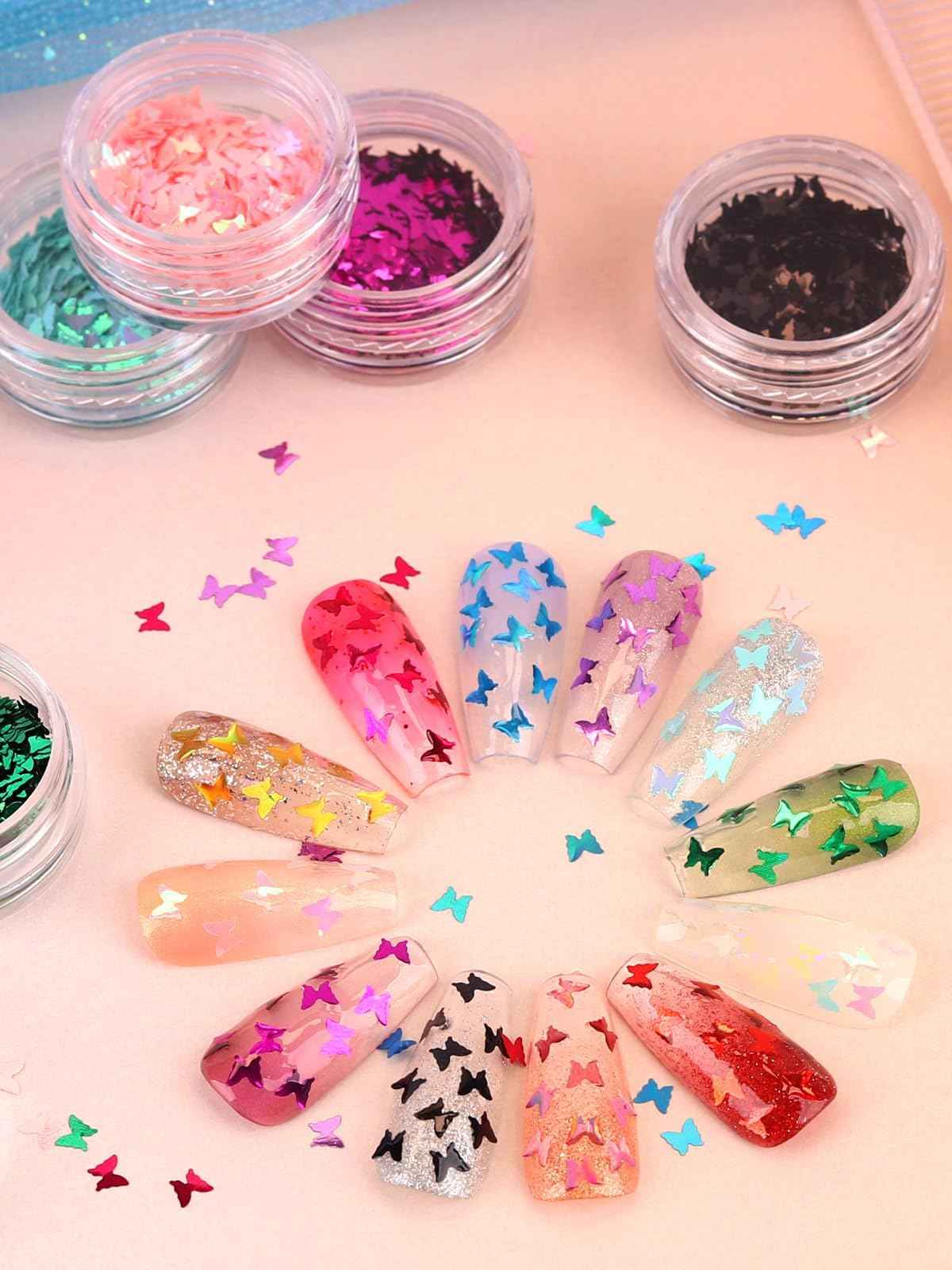60 Pot Butterfly Nail Art Glitter Sequins, Kalolary Holographic Butterfly Nail Decals Metallic Laser Nail Art Flake Glitter for Face Eyes Nail Art Decoration DIY Craft(5 Boxes)