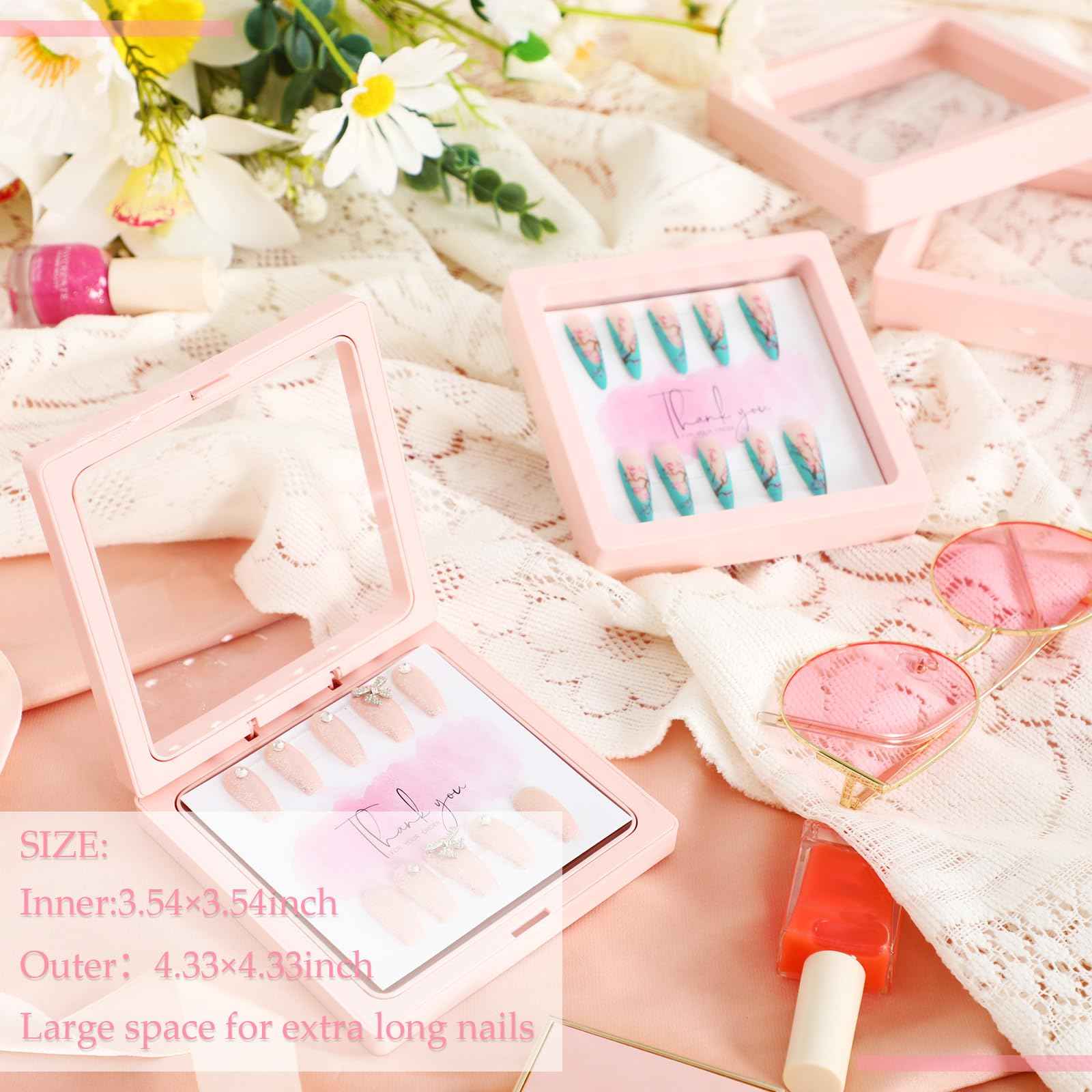 meekoo 30 Pcs Press on Nail Packaging Box with 90 Pcs Adhesive Double Sided Tape Artificial Nail Display Case Storage Container Box Acrylic Packaging Organizer for Art Home Salon(Pink)