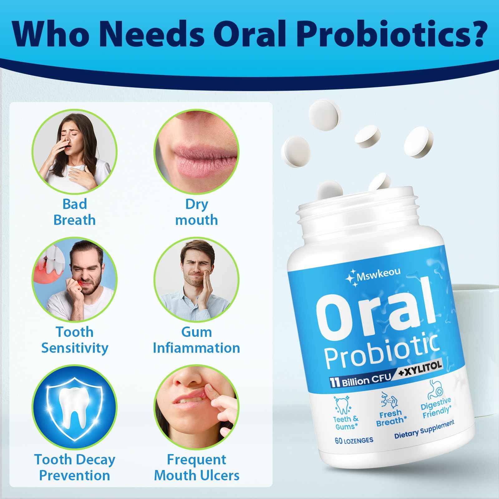 Oral Probiotics for Mouth Bad Breath for Adults 11 Billion CFU, Best Breath Oral Dental Probiotics for Teeth & Gums, Dry Mouth, Gum Restore, Fresh Breath, Chronic Halitosis & Gut Health, 2 Pack