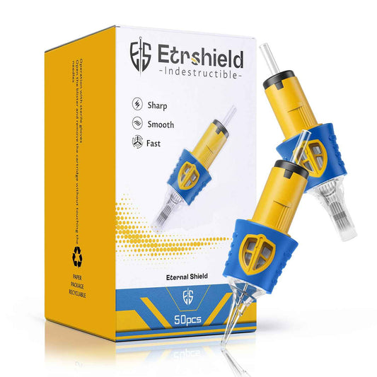 ES SHIELD Tattoo Needles, 50pcs Assorted Silicone Finger Ledge Tattoo Cartridge Needle #12 Standard 3RL 5RL 7RL 9RL 11RL Round Liner for Tattoo Pen Tattoo Supplies