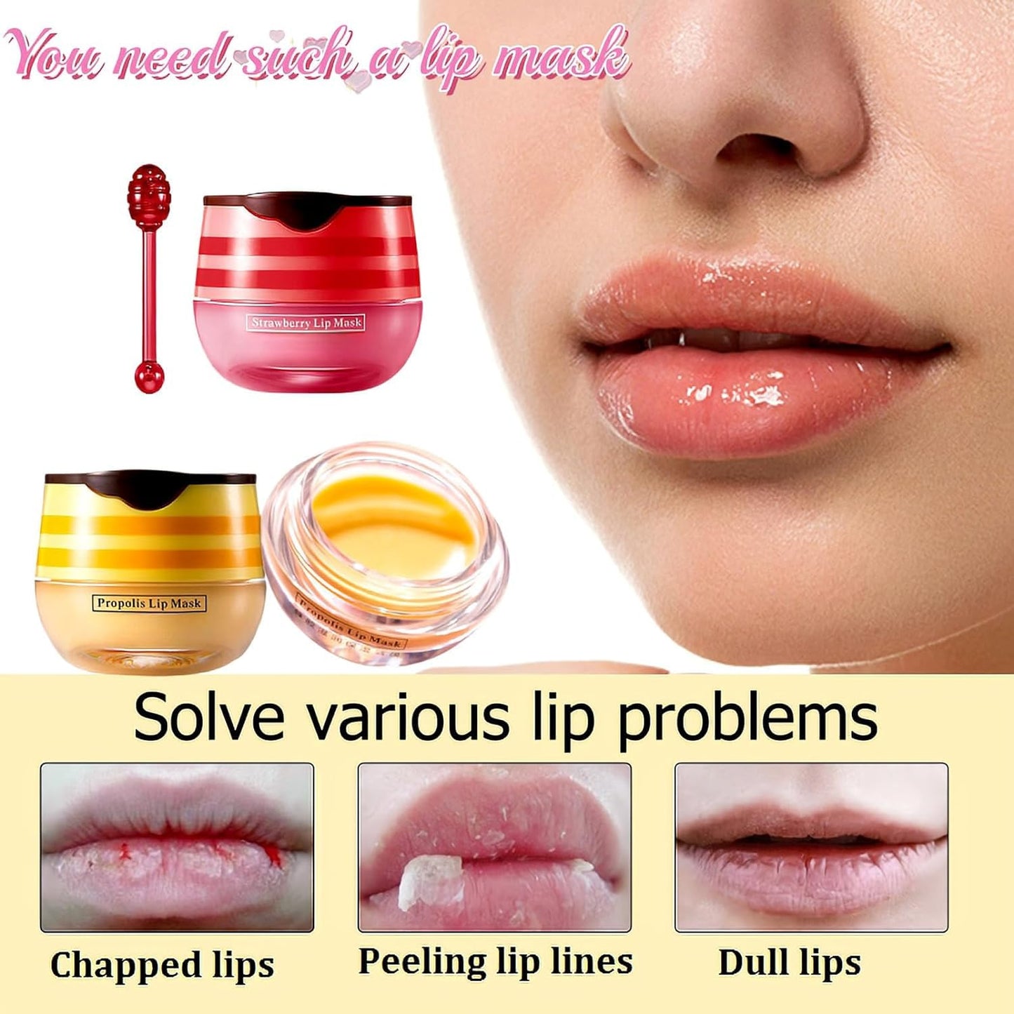 Bee Lip Balm Honey Pot, 2 Pcs Strawberry & Honey Lip Masks Hydrating Prevention Dry and Cracked Lip Scrubs Exfoliator (Strawberry & Honey)