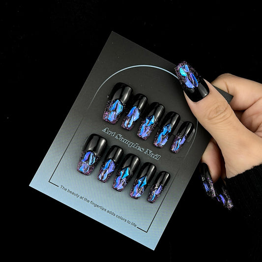 WhyNotNailIt Handmade Long Coffin False Nails, 10 pc Set with Jelly Gel- Mystical Midnight Aurora, Premium Press-On Nails with Cosmic Elegance