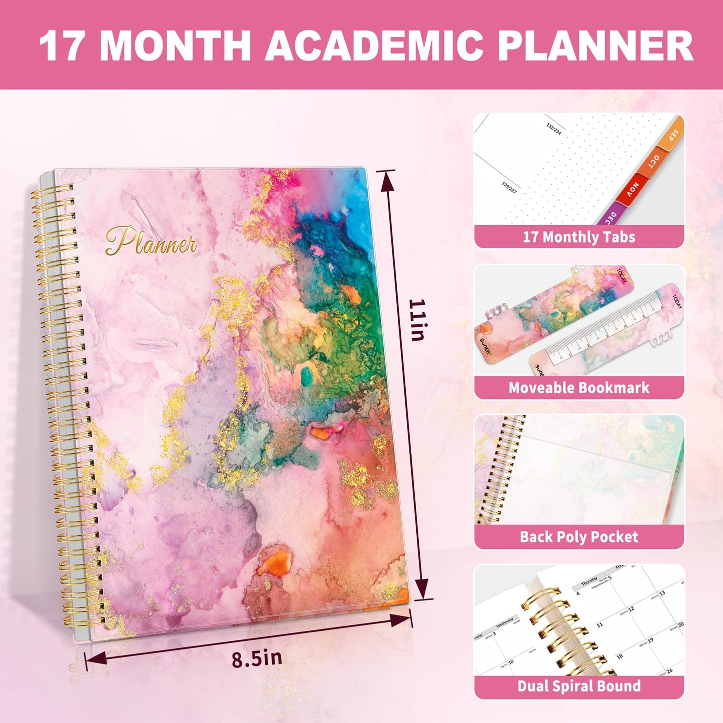 SUNEE Academic Planner 2024-2025 Weekly and Monthly - from August 2024 - December 2025, 8.5"x11" School Year Calendar Daily Planner with Monthly Tab, Flexible Cover, Note Pages, Pockets, Bookmark,