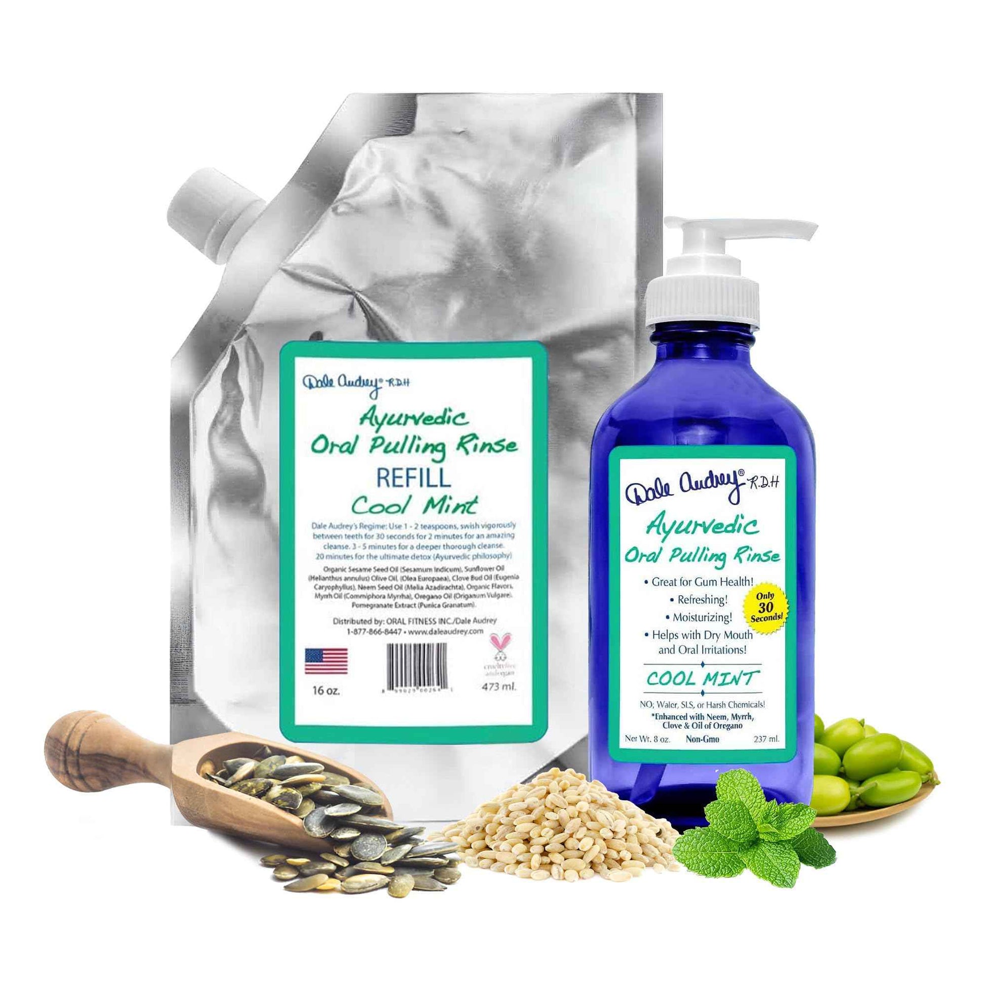 Natural Oil Pulling for Teeth and Gums | Organic Mint Flavored Oral Rinse Mouthwash for Bad Breath | Essential Oil & Teeth Whitening Gum for Freshen Breath | Cobalt Glass Bottle with Refill-16 FL Oz