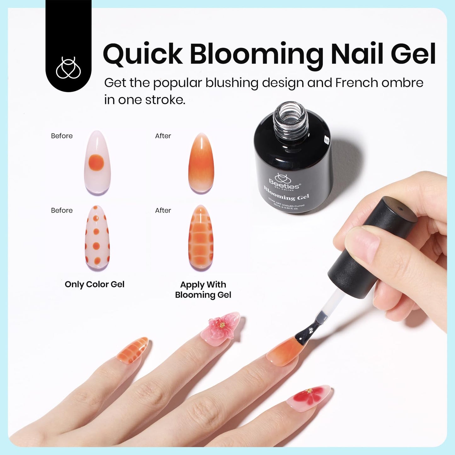 Beetles Nail Glue and Blooming Gel Set 15ml 9 In 1 Gel Nail Glue for False Nail Tips/Bloom Gel/Adhesive Bond UV Extension Glue Long Lasting Curing Needed