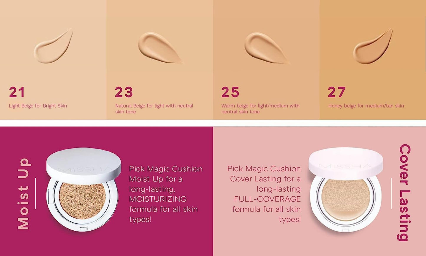 MISSHA Magic Cushion Foundation No.23 (2 Pack) Natural Beige for light with neutral skin tone Flawless Coverage, Dewy Finish, Easy Application for All Skin Types