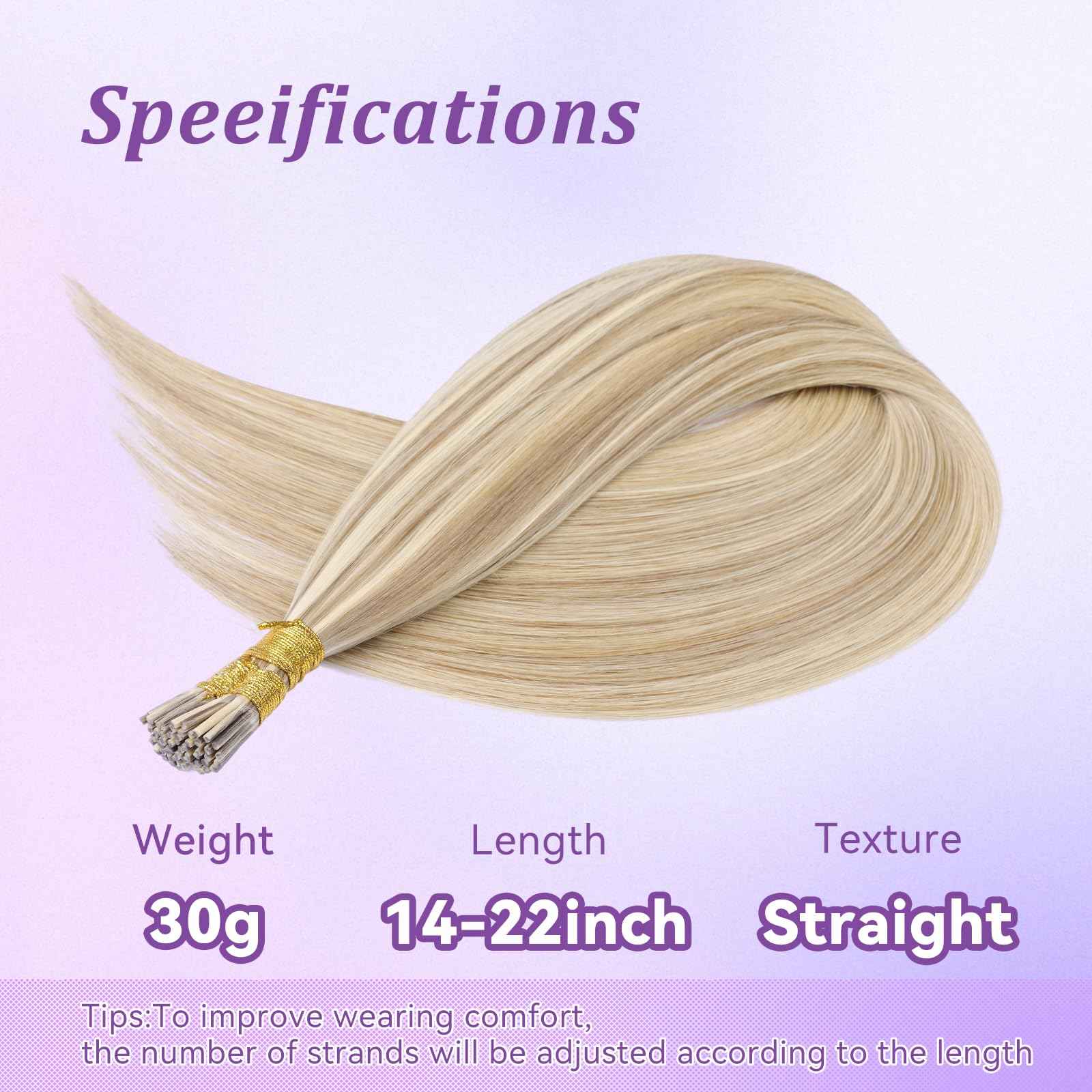 MioYio I Tip Hair Extensions Human Hair 30G/Pack Human Hair Itip Human Hair Extensions Dark Blonde to Highlighted Blonde Pre Bonded Extensions Long Straight #18/613 14Inch