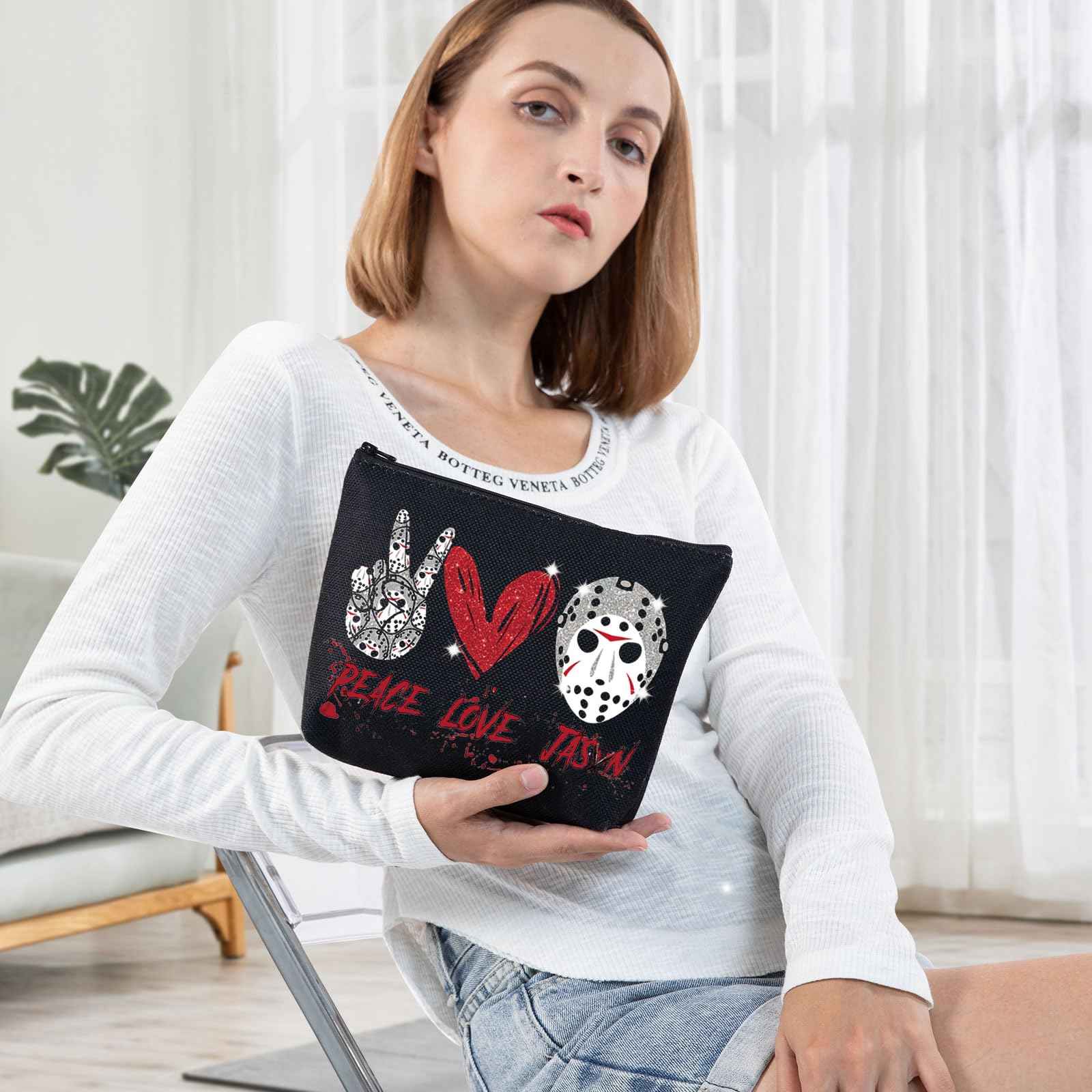 BWWKTOP Mask Slasher Cosmetic Makeup Bag Mask Fans Gifts Peace Love Zipper Pouch Bag Machete Killer Merchandise (PEACE JASON)