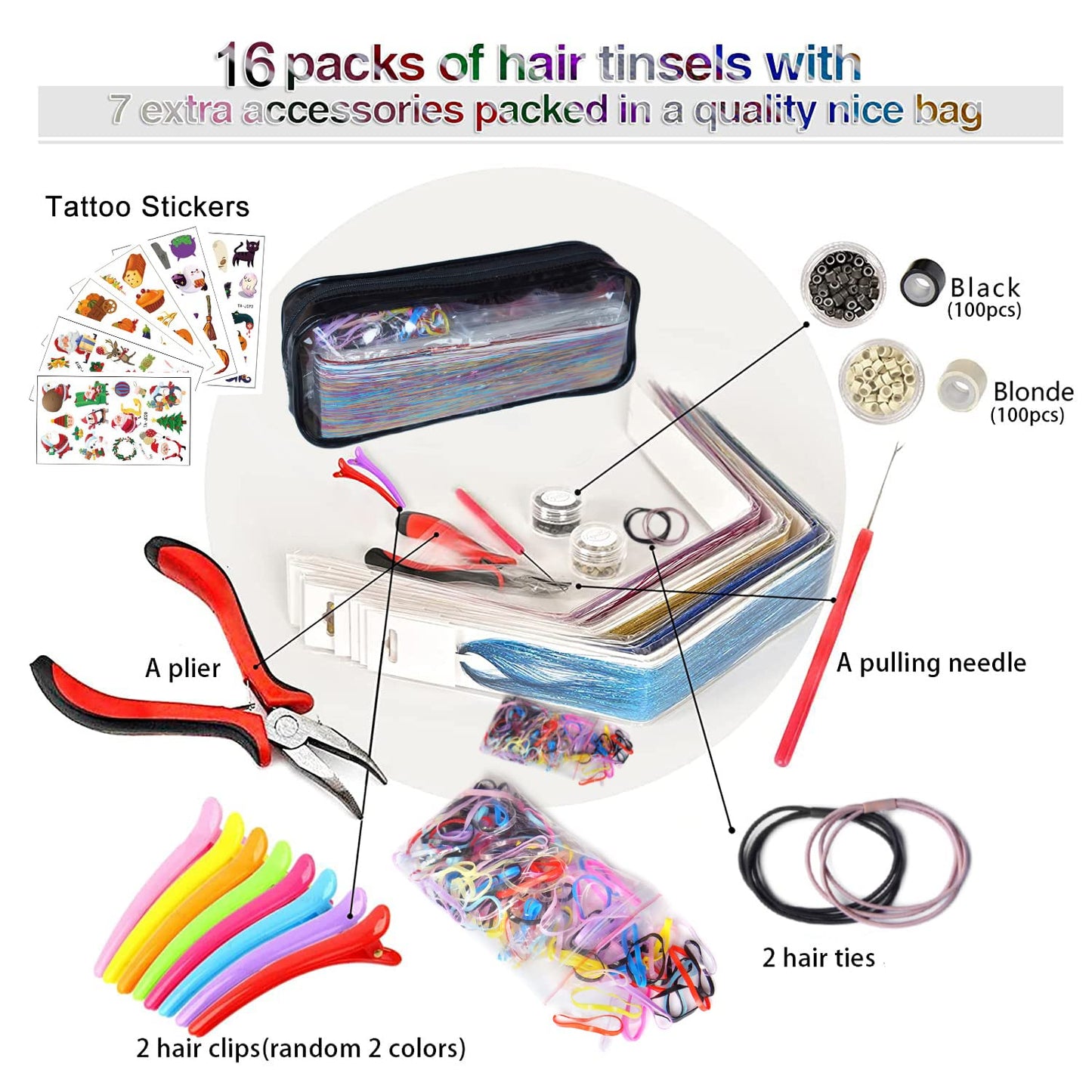 Hair Tinsel Kit, 16 Colors Tinsel Hair Extensions with Tools, Glitter Fairy Hair Tensile for Women Girls Halloween Cosplay Christmas New Year