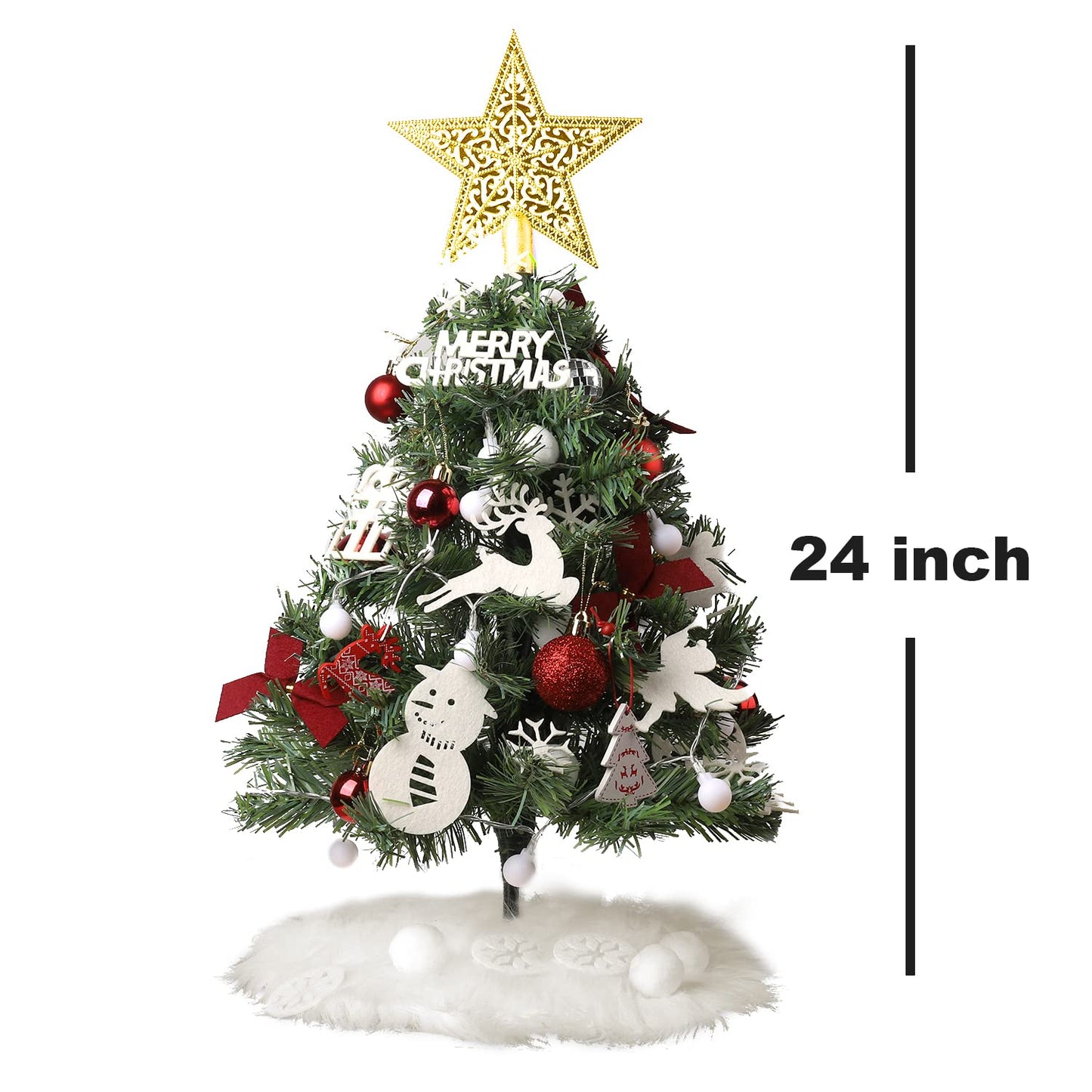 2ft Mini Tabletop Christmas Tree, Artificial Small Christmas Tree with Battery Operated Lights, Ornaments and Storage Bag, Mini Xmas Tree for Christmas Home Decorations