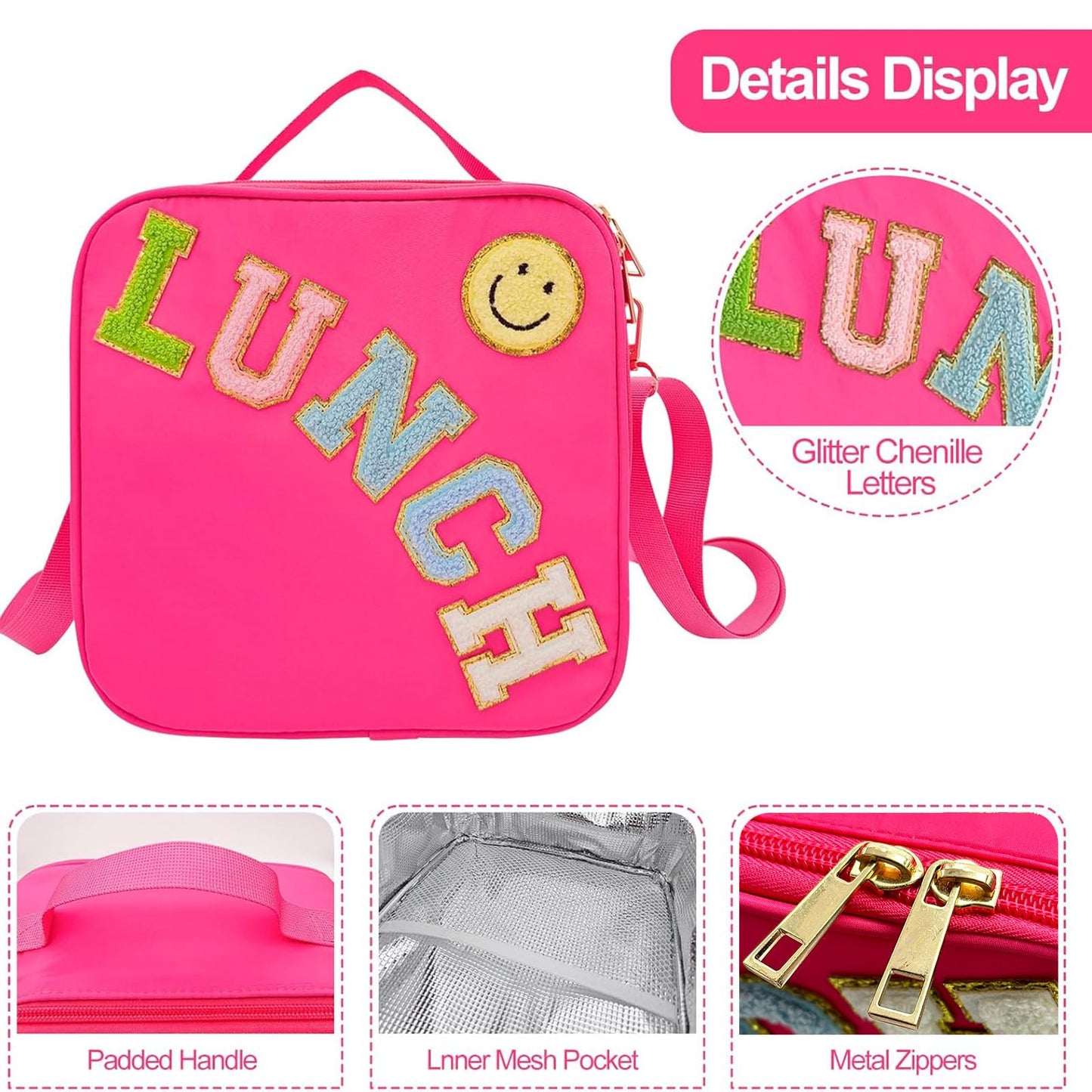 Insulated Lunch Bag With Adjustable Shoulder Strap, Nylon Preppy Lunch Box Large Insulated Lunch Bag Reusable Lunch Tote Bag with Smiley Preppy LunchBag for Girls School Travel Picnic (Rosy Red)