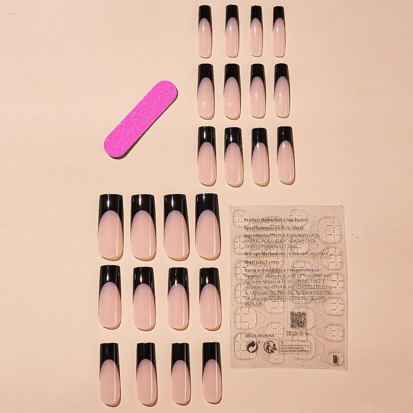 Press on Nails Long Square Fake Nails Black False Nails French Tip Nails Press Ons Glossy Designs Stick on Nails Full Cover Acrylic Nails Nude Glue on Nails for Women 24Pcs