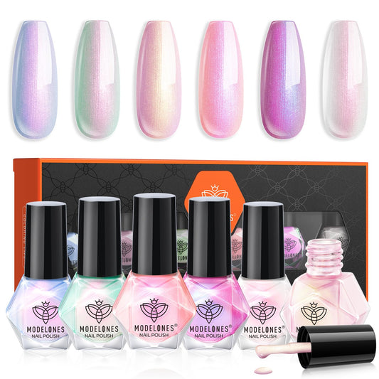 modelones Pearl Nail Polish 6 Colors Shimmer Pearl White Pink Mermaid Purple Nail Polish Set Summer Quick Dry Nail Polish Finger Nail Polish Bulk Manicure Diy Nail Art Salon Home Gift For Women Girl