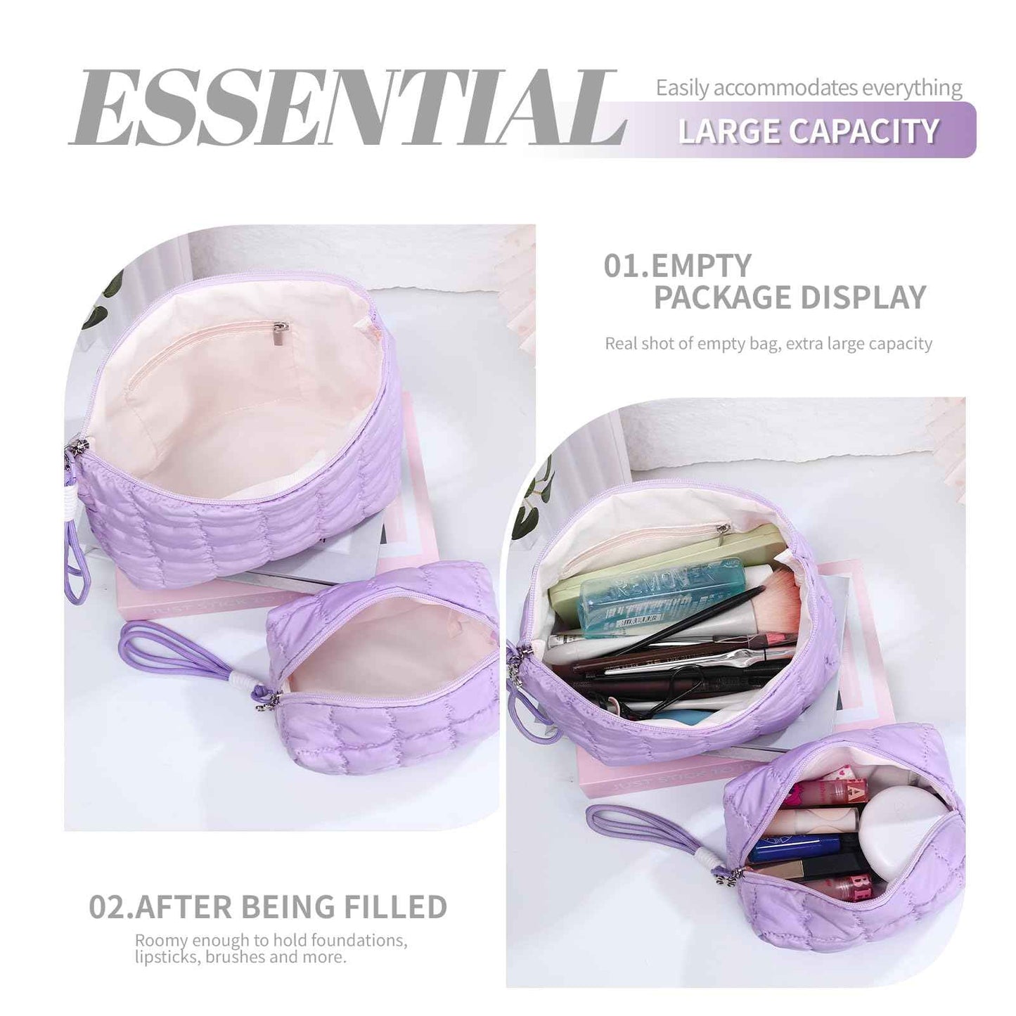 Richeart Makeup Bag Travel Toiletry Bag - Checkered Down Cotton Makeup Pouch for Women with Cosmetic and Pencil, Aesthetic Purple Design, Small