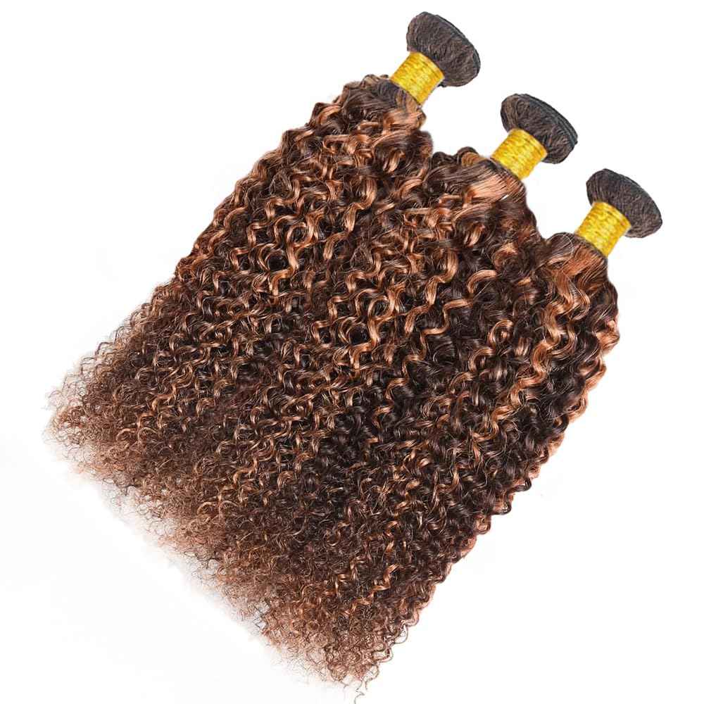 Biliisyff P4/30 Highlight Brown Curly Wave Human Hair Ombre Kinky Curly Bundles Brazilian Virgin Hair Two Tone #4 Brown Mixed With #30 Auburn Bundles Hair Weave 8 10 12 Inch