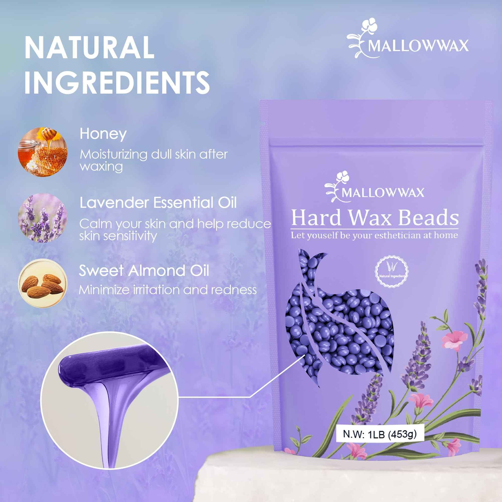 Mallowwax Hard Wax Beads, 2-Pack: 1lb Lavender for Coarse Hair Full Body, 1lb White for All Hair Types Face, Eyebrows, Brazilian Bikini, Legs, Underarms