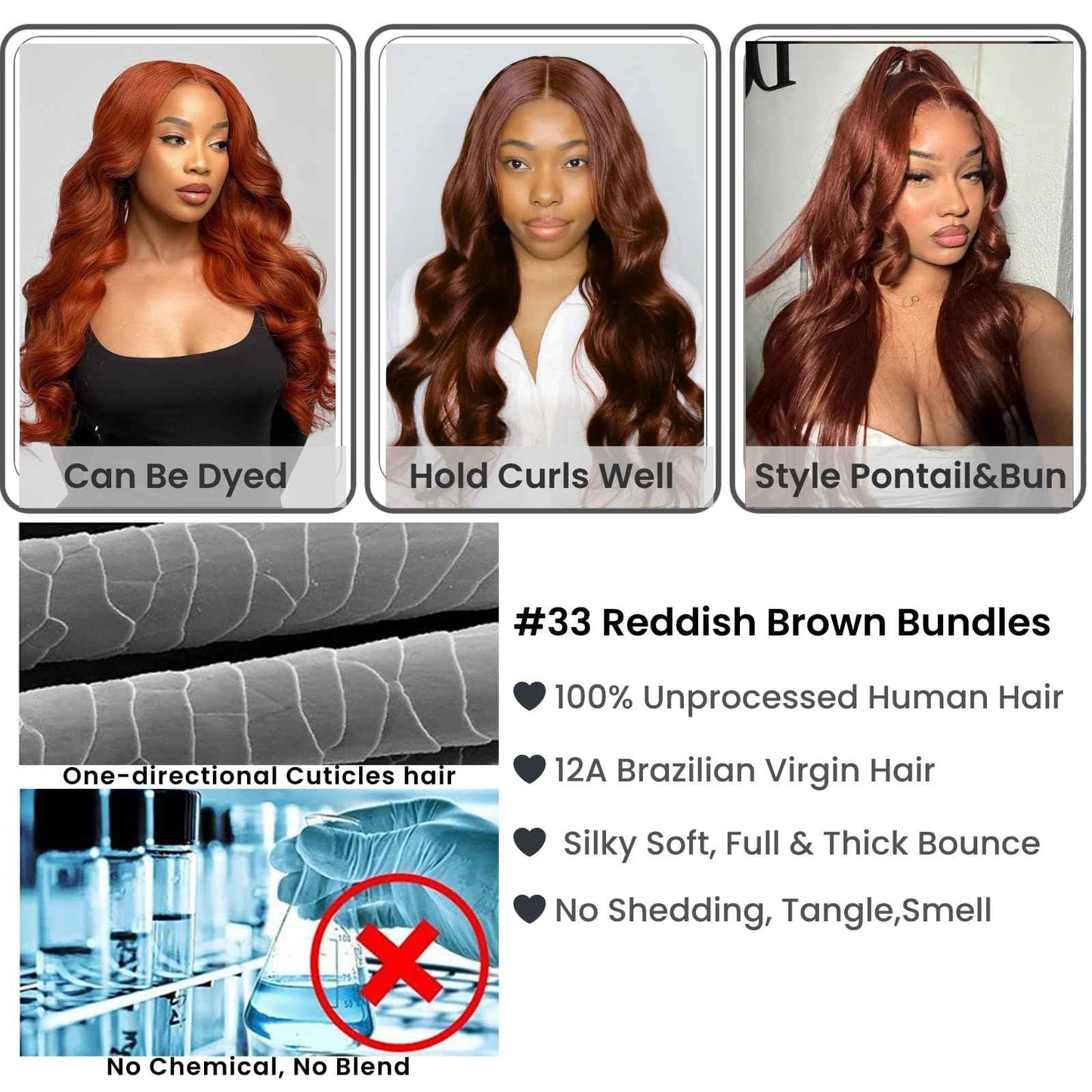 ALHER 33 Reddish Brown Body Wave 4x4 Lace Closure, 12A Copper Brown Colored 4X4 HD Lace Closure Free Part Pre Plucked with Baby Hair, 100% Virgin Remy Human Hair for Black Women 150% Density 10 Inch
