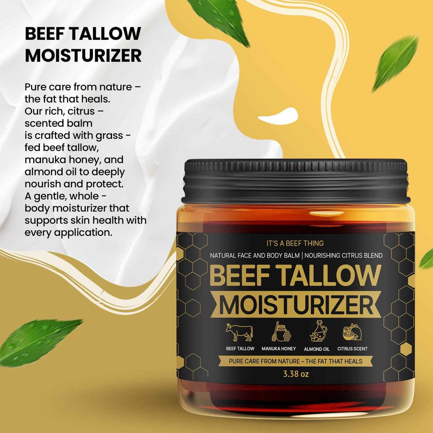 Beef Tallow for Skin – Face & Body Balm to Strengthen Skin Barrier, Hydrating & Soothing with Grass-Fed Beef Tallow, Manuka Honey, Almond Oil & Light Citrus Scent (3.38oz)