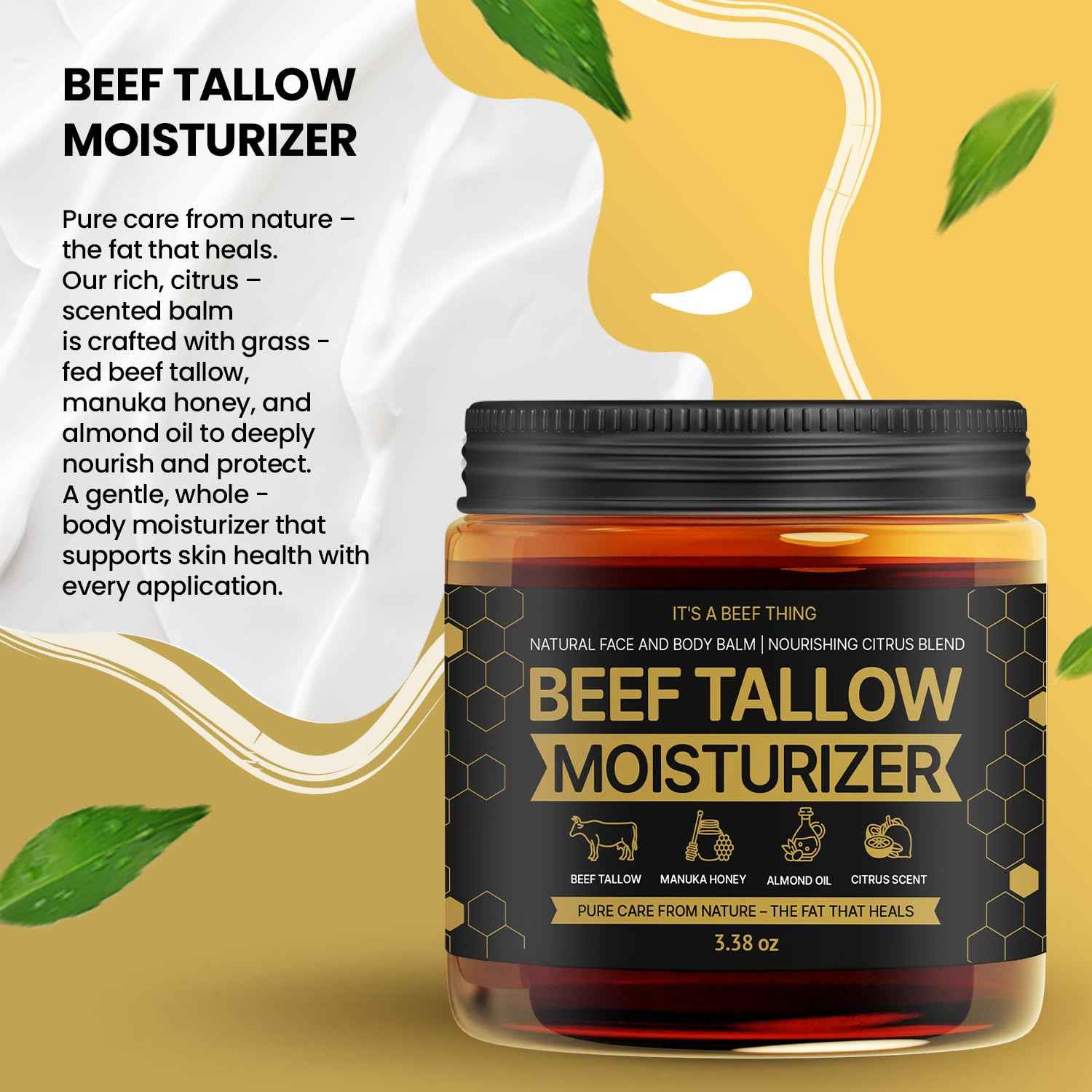 Beef Tallow for Skin – Face & Body Balm to Strengthen Skin Barrier, Hydrating & Soothing with Grass-Fed Beef Tallow, Manuka Honey, Almond Oil & Light Citrus Scent (3.38oz)