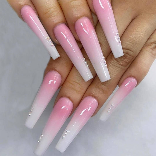 Long Press on Nails Coffin White and Pink Gradient Acrylic Nails Press ons with Rhinestones Design Artificial Nails Full Cover False Nails with Glue for Women and Girls 24Pcs