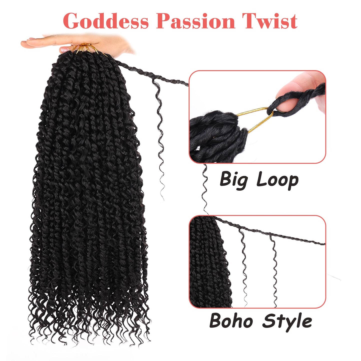 Leeven 24 Inch Passion Twist Crochet Hair Boho Style 8 Packs Pre Twisted Goddess Passion Twist Black Pre Looped Bomb Twists Curly Ends Bohemian Synthetic Braids for Women #1B