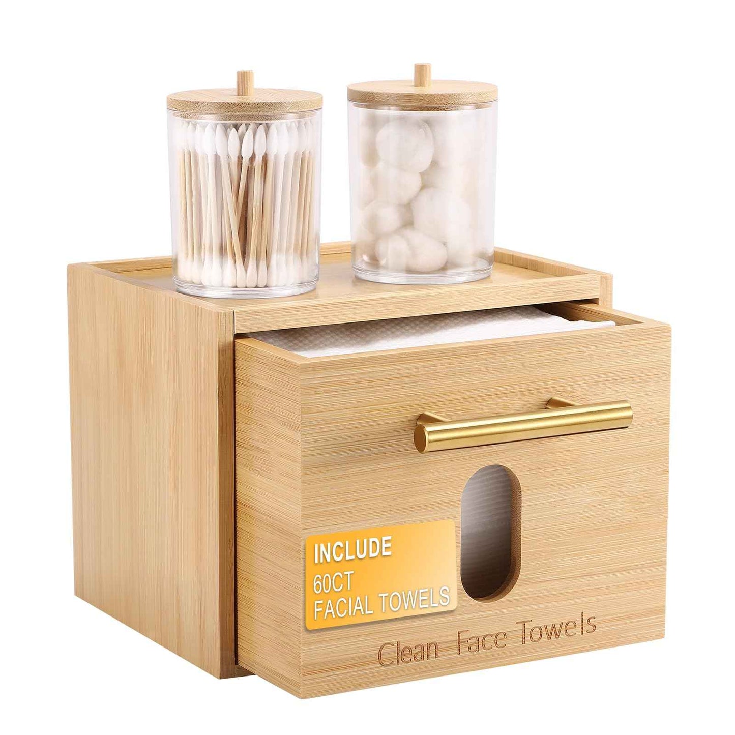 Disposable Face Towel Holder Bamboo Storage Box with 60 XL Towels, Cotton Balls Holders, Facial Towels Container Box with Drawer, Towel XL Organizer for Bathroom, Makeup Remover Dry Wipes Washcloths