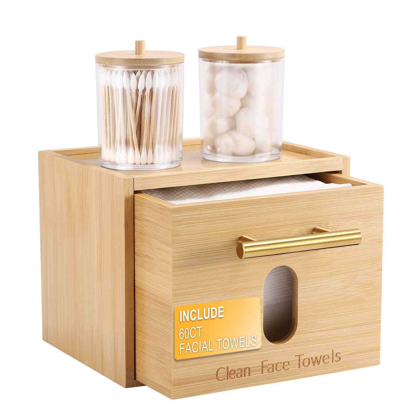 Disposable Face Towel Holder Bamboo Storage Box with 60 XL Towels, Cotton Balls Holders, Facial Towels Container Box with Drawer, Towel XL Organizer for Bathroom, Makeup Remover Dry Wipes Washcloths