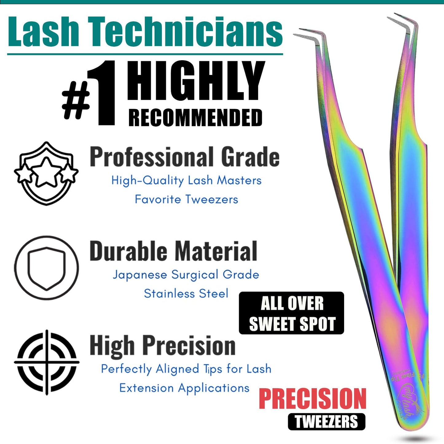 My Lash Tools Fiber Tip Eyelash Extension Tweezers Professional 90 Degree Lash Tweezers for Volume & Isolation Lashes (2Pcs Set, Lash Tweezers Set/Rainbow)