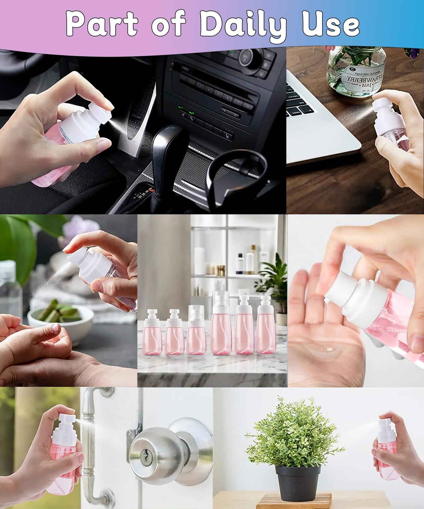 Uadbau 6 Pack Small Spray Bottles - Travel Size 3 Pack 1oz/30ml and 3 Pack 2oz/60ml with 3pcs Funnels, Fine Mist Mini Plastic Refillable Spray Bottles - Pink