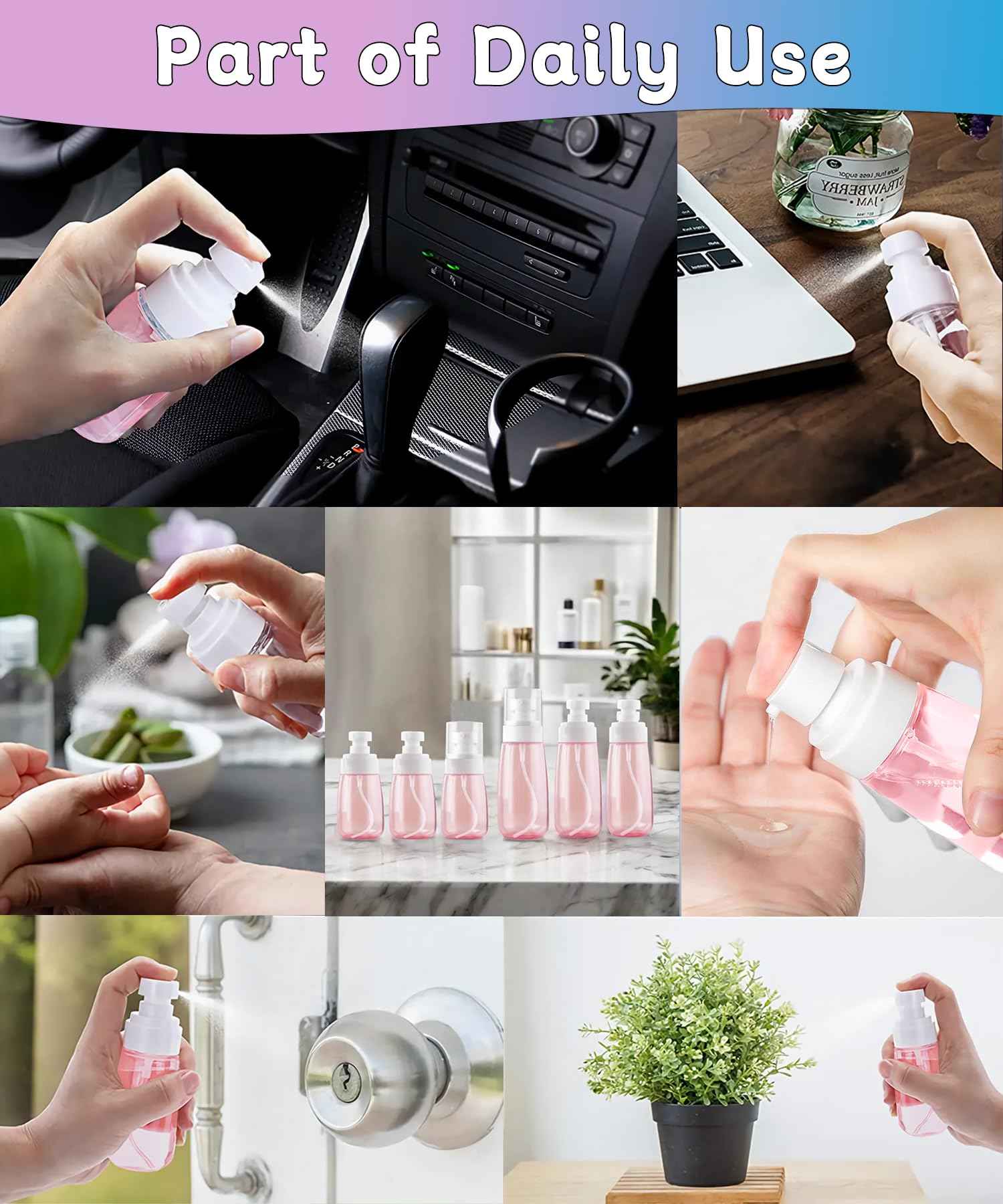 Uadbau 6 Pack Small Spray Bottles - Travel Size 3 Pack 1oz/30ml and 3 Pack 2oz/60ml with 3pcs Funnels, Fine Mist Mini Plastic Refillable Spray Bottles - Pink
