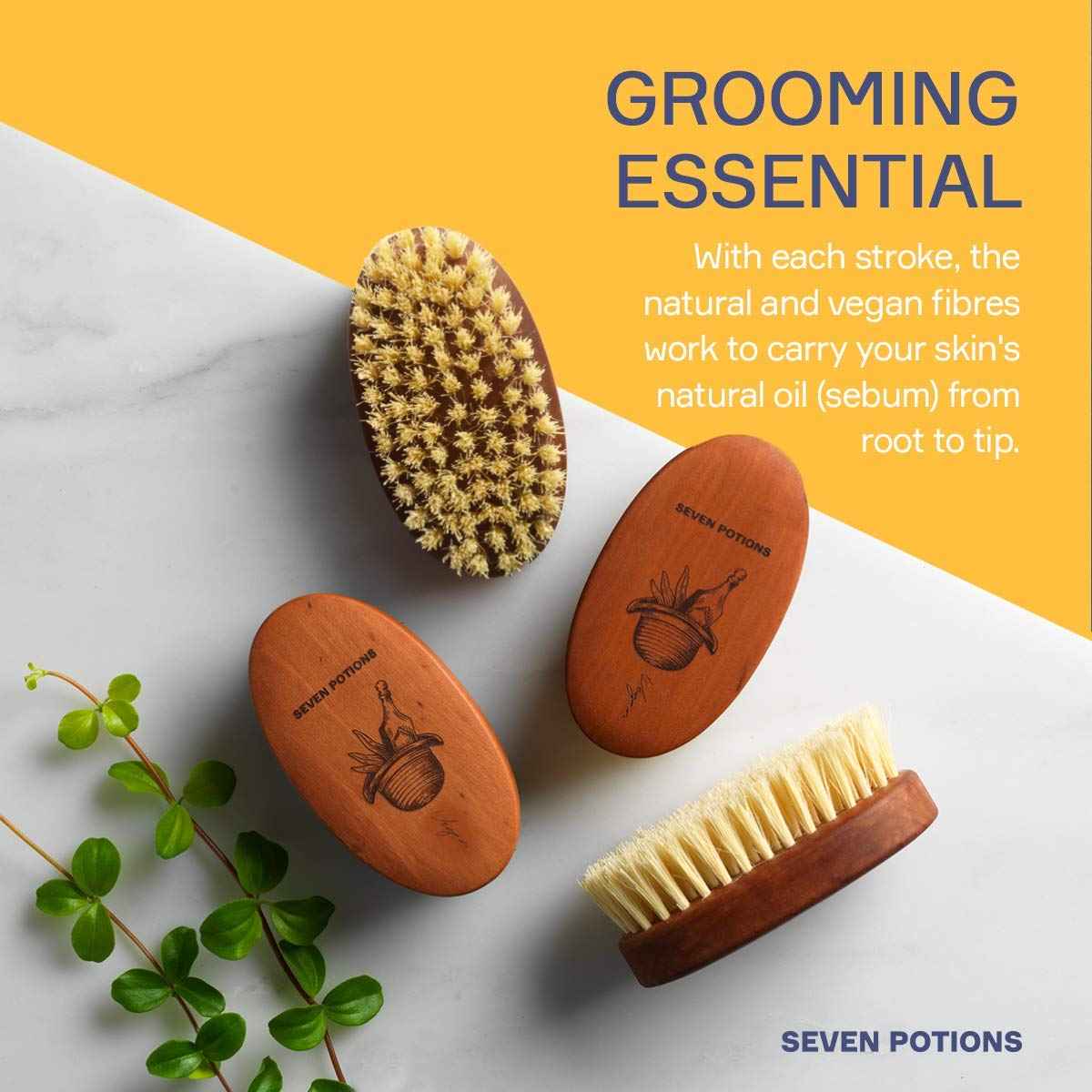 Seven Potions Vegan Beard Brush for Men — 100% Sisal Plant Fibre & Pear Wood — Firm Bristles to Gently Tame/Soften/Exfoliate – 100% Natural, Non-Synthetic