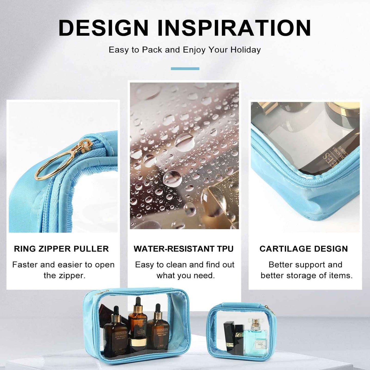 DARIN Clear Toiletry Bag 3Pack TPU Makeup Cosmetic Bag TSA Approved Toiletry Bag, Waterproof Travel Liquid Bag for Air Flight, Clear Travel Carry On Pouch for Women and Men (1L+1M+1S,Clear Blue)