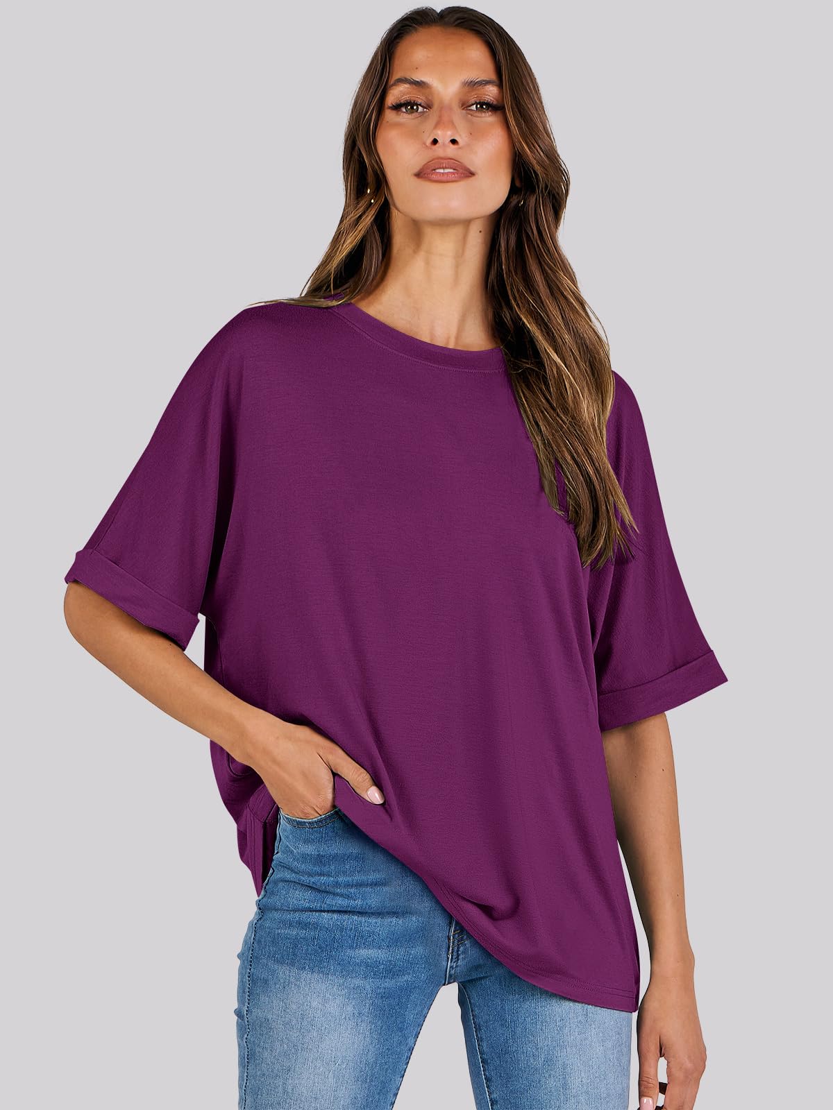 ANRABESS Women's Oversized T Shirts Short Sleeve Crewneck Summer Tops Casual Loose Basic Tee Shirts 2024 Trendy Clothes Purple Small