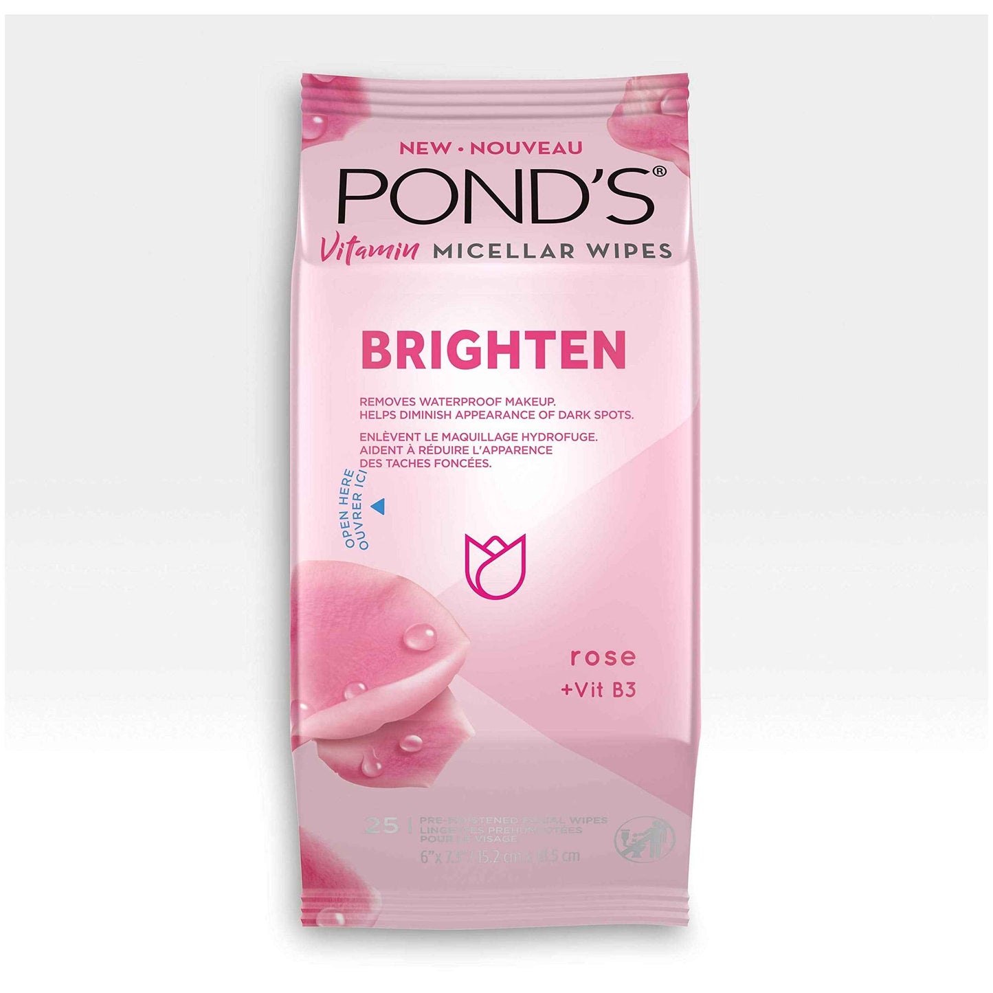 Pond's Vitamin Micellar Wipes For Dark Spots Brighten Rose Removes Waterproof Makeup 25 Wipes