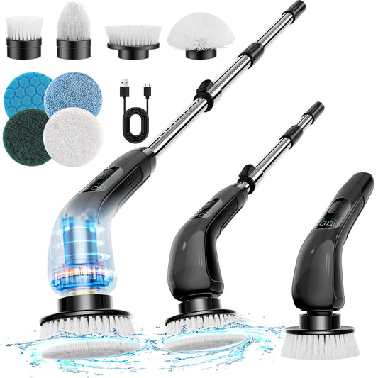 Electric Spin Scrubber, New Cordless Shower Scrubber with 8 Replaceable Brush Heads and Adjustable Extension Handle, Power Cleaning Brush for Bathroom, Kitchen, Car, Tile, Wall, Floor-Black
