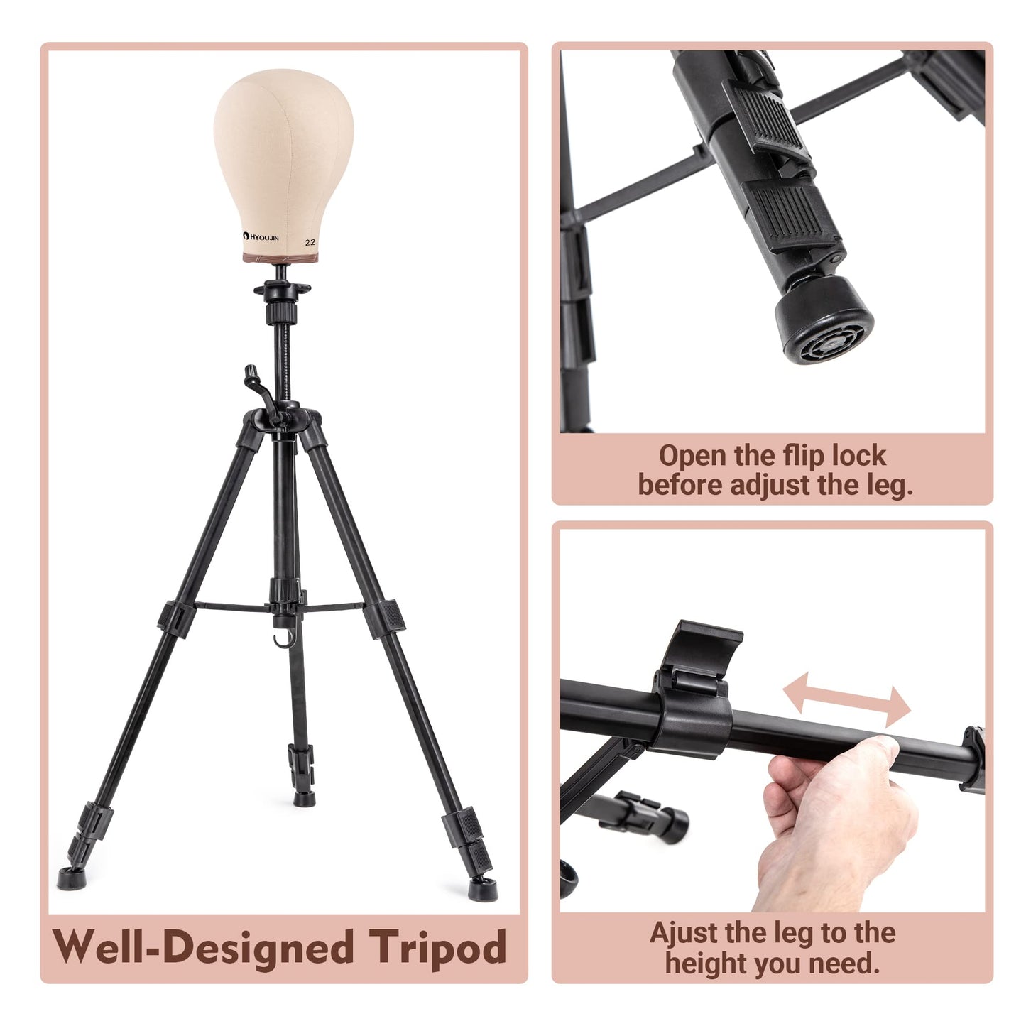 HYOUJIN Heavy Duty Wig Mannequin Head Stand Tripod Stand Metal Adjustable Holder for Mannequin Head,Manikin Head,Training Head,Canvas Block Head with Wig Caps,T-Pins,Carry Bag