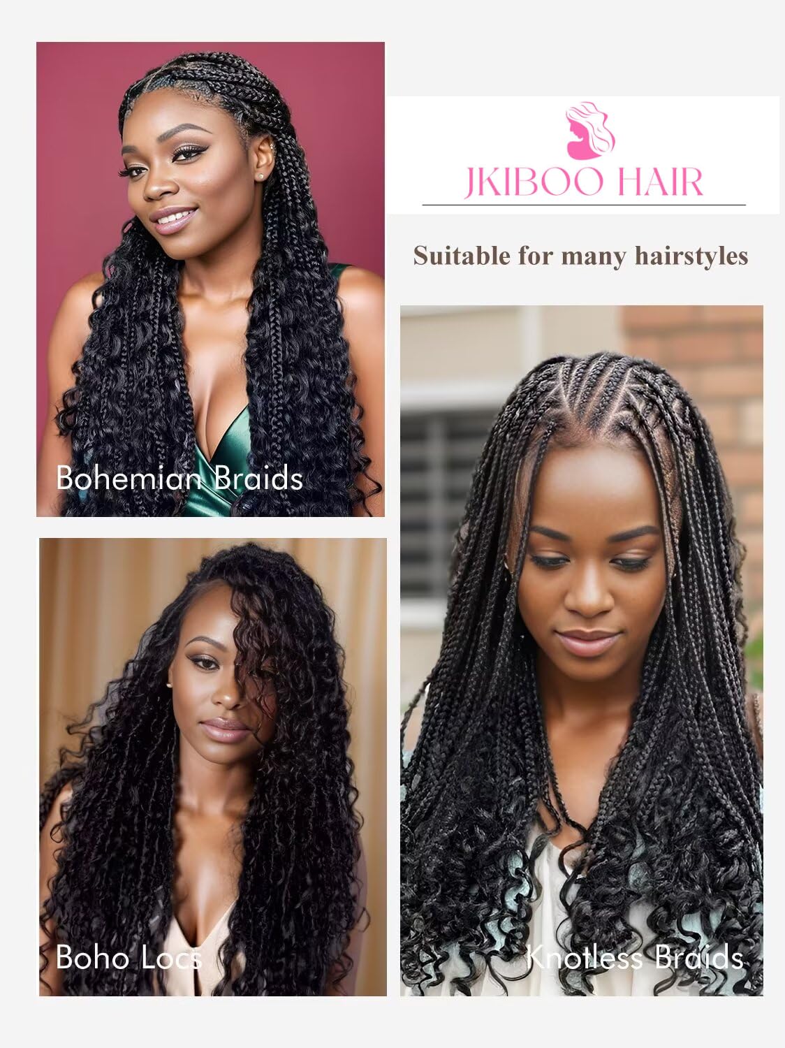 Braiding Hair Boho Hair for Braiding Deep Wave Braiding Hair for Woman Boho Braids Wet and Wave, Bulk Braiding Hair For Micro Braids Curly Deep Bulk 24 Inch Nature Black