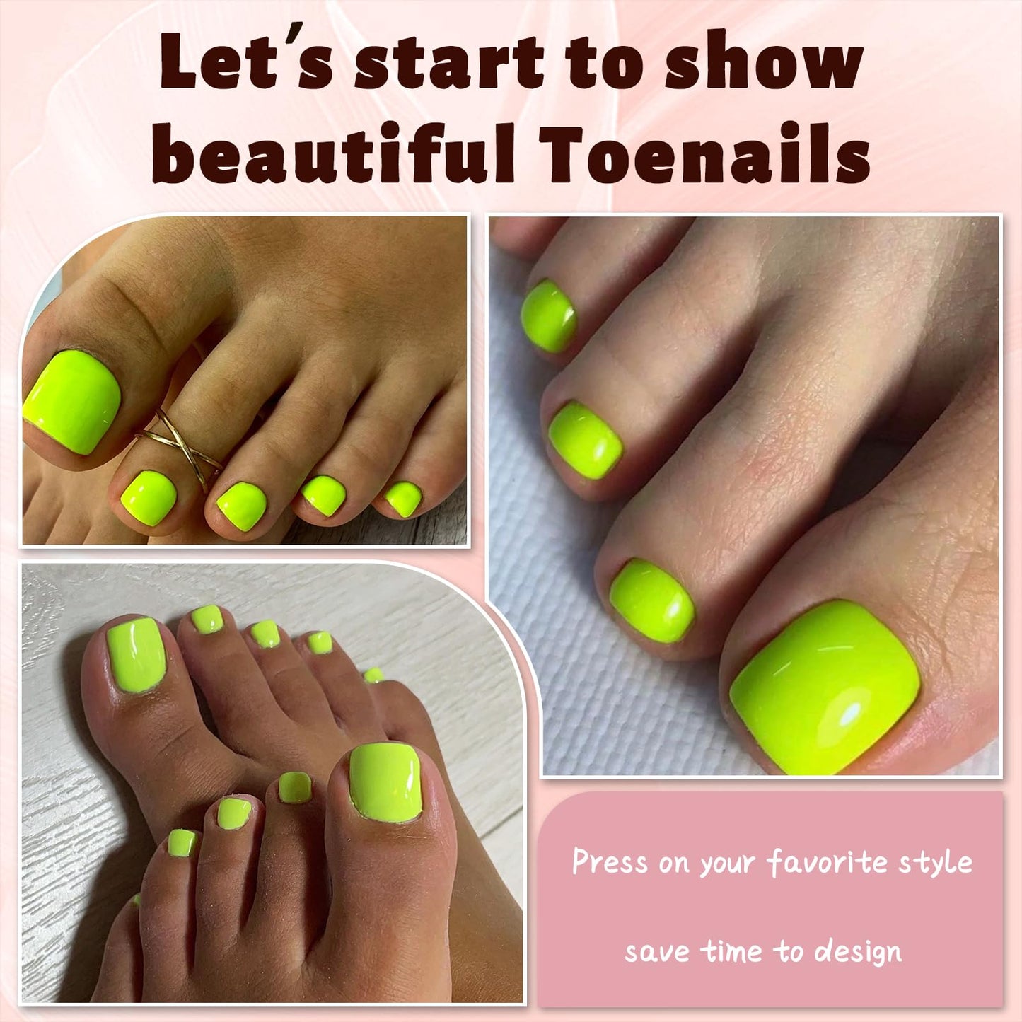 Bellelfin Short Press on Toenails, 240Pcs Square Bright Green Fake Toes Nails Kit Full Cover Glossy False Toenail Press ons Solid Color Acrylic Glue on Toenails for Women Girls