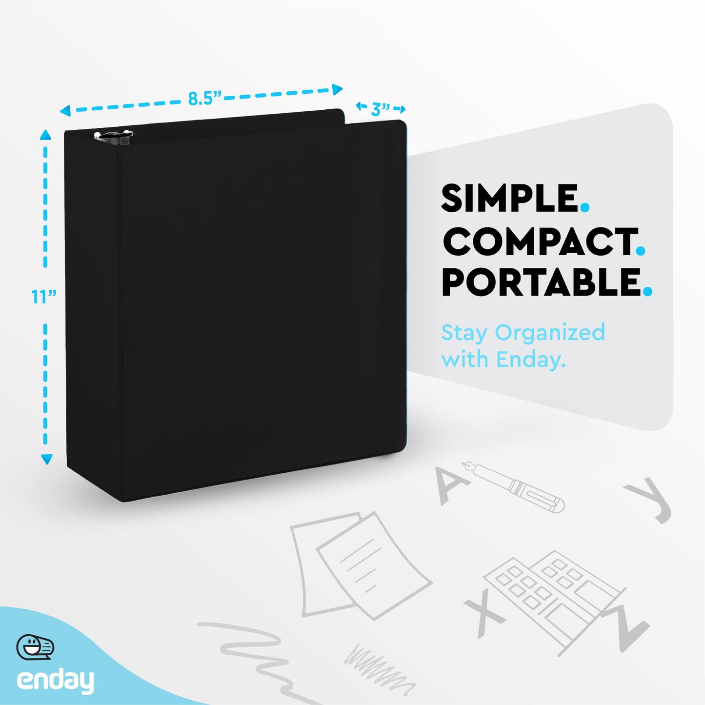 3 Inch Binder 3 Ring Binders Black, Slant D-Ring 3” Clear View Cover with 2 Inside Pockets, Heavy Duty Colored School Supplies Office and Home Binders – by Enday