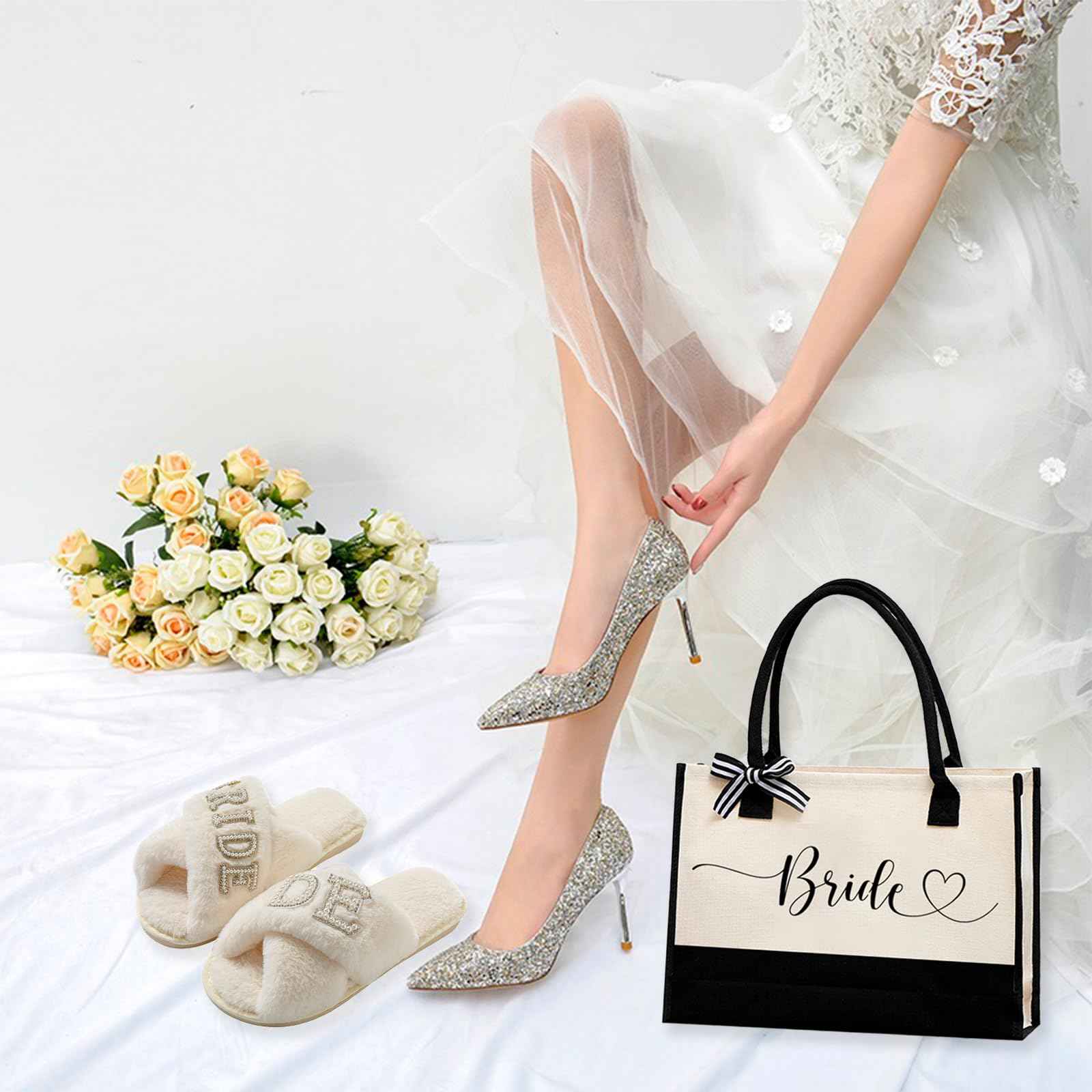 Ldmfcpa 5Pcs Bridal Shower Gifts Set with Bride Bag Cosmetic Bag Sunglasses Slippers Hair Clip, Suitable for Bridal Shower, Weddings, Bachelorette Gifts for Bride, Bride Gift Set