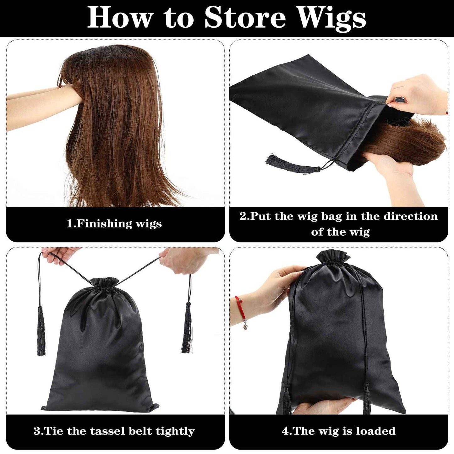 Shappy 4 Pieces Silk Satin Wig Bag Black Hair Bags with Drawstring Tassel Stuff Satin Black Gift Travel Storage for Packaging Bundles Extension Home Salon Travel