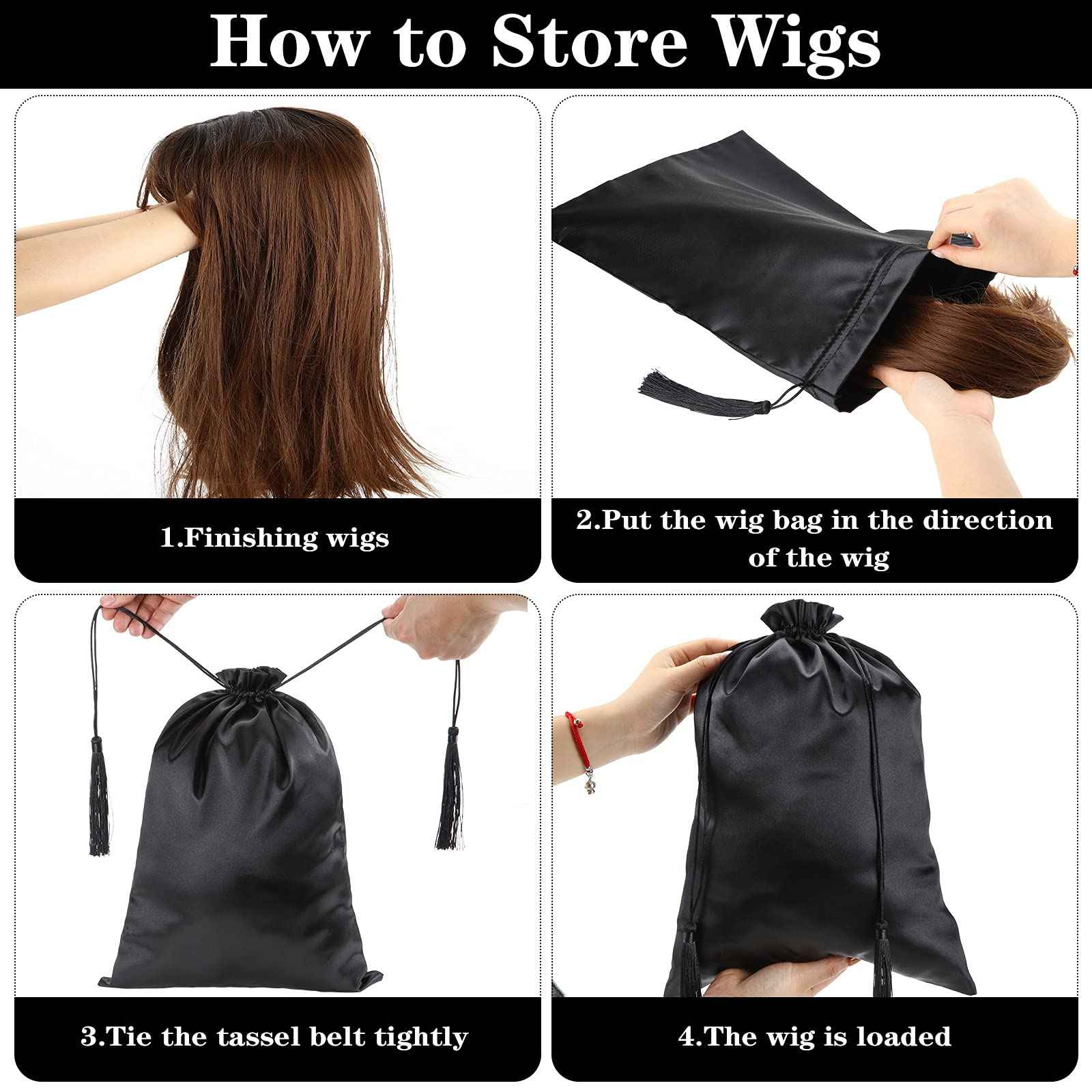 Shappy 4 Pieces Silk Satin Wig Bag Black Hair Bags with Drawstring Tassel Stuff Satin Black Gift Travel Storage for Packaging Bundles Extension Home Salon Travel